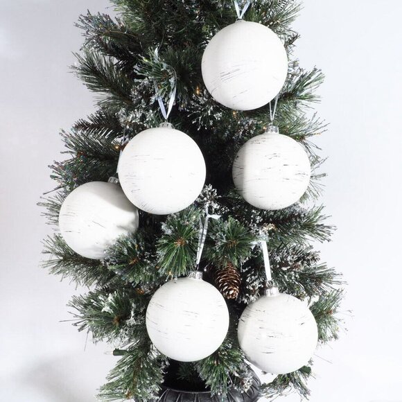 White & Silver Textured Christmas Tree Ornaments Set Of 6 Birch Bark - Picture 1 of 4